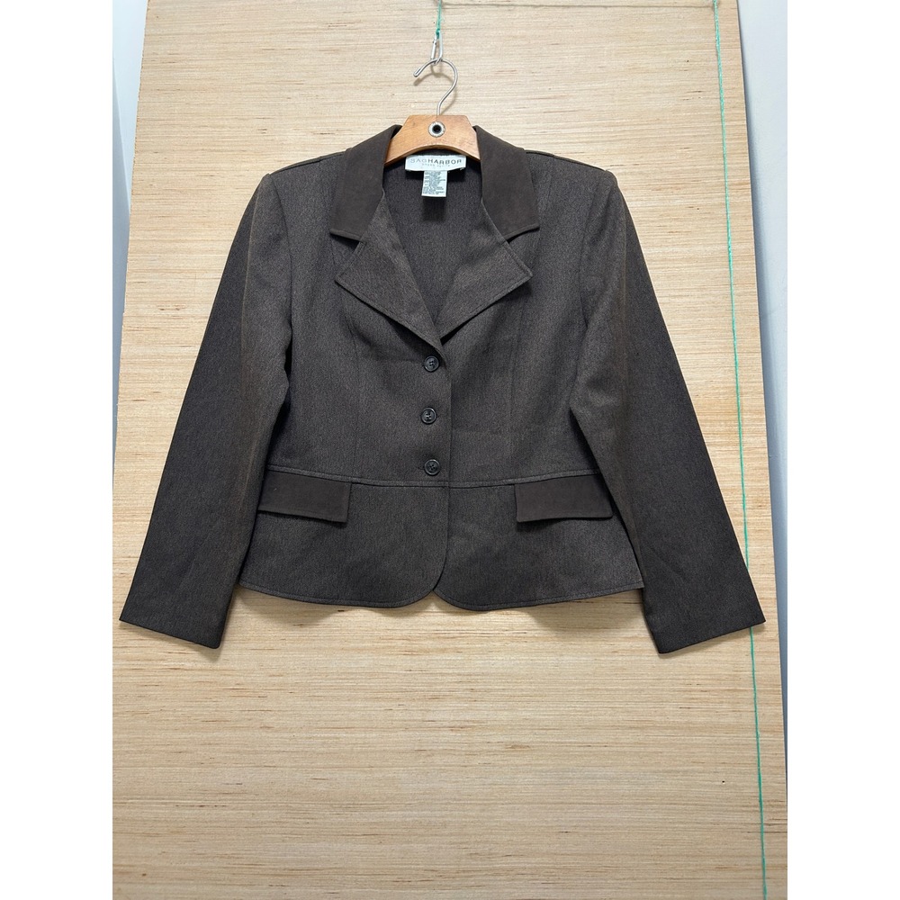 Sag Harbor Petite Blazer Brown Herringbone Faux Suede Trim Jacket Size 10P